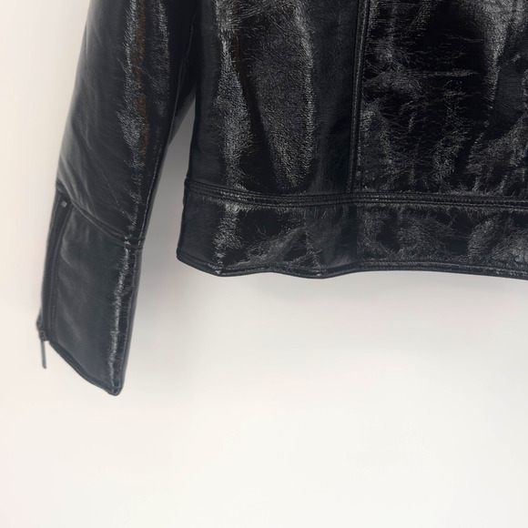 Unreal Fur Aviator Jacket Small Black Bomber Vegan Wet Look Leather Fur Collar - Picture 10 of 14